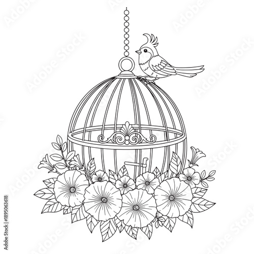 Beautiful Bird Cage with Flowers Coloring Page Vector Line Art Illustration Design