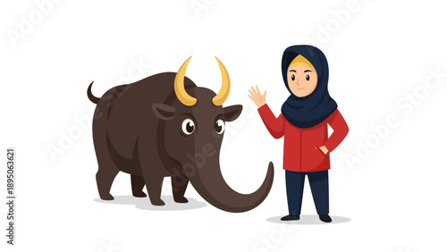 Muslim woman standing next to Qurban animal illustration.