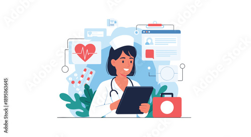 Professional female nurse in uniform using tablet computer surrounded by medical icons like heart pills and first aid kit.