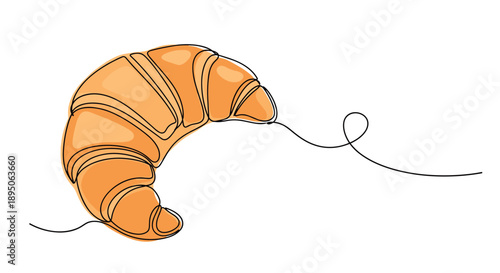 Continuous line drawing of a golden brown croissant bread with a simple artistic style and a splash of orange color on white background.
