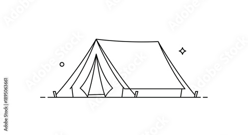 Simple line art illustration of a camping tent set against a white background with a small star and circle symbol for outdoor travel.
