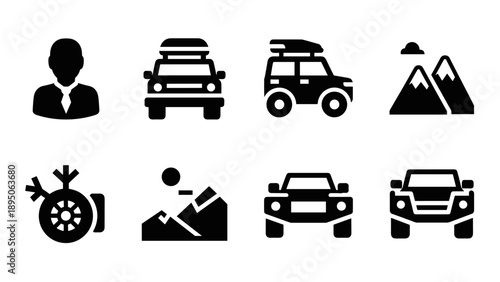 Silhouette icons of cars and mountains for outdoor adventure themes