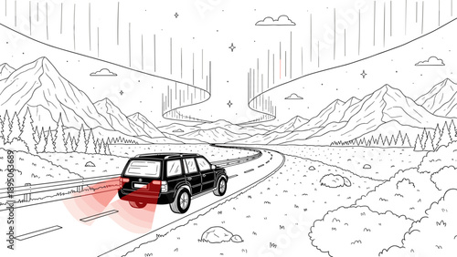 Monochrome car driving through scenic mountain landscape with northern lights