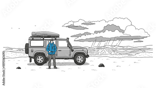 Adventure journey with off-road vehicle in scenic landscape