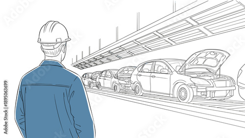 Worker observes car production line in modern manufacturing facility with open hoods