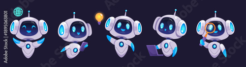 Robot AI. Artificial intelligence. Space bot assistant, cute chatbot. Chat service app. Mascot on network. Technology search. Gpt agent computer. tidy cartoon render isolated illustration