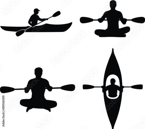 Vector Collection of Kayaking Silhouettes Featuring People Paddling in Boats and Sitting with Oars Isolated on White Background for Outdoor Water Sports Design