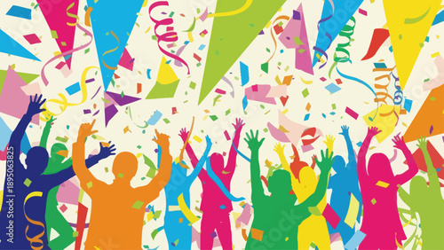 Colorful silhouettes celebrate a joyful party with flying confetti and streamers