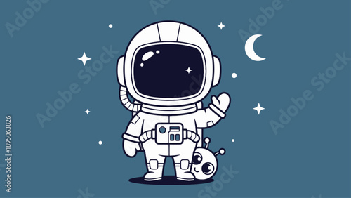 Cute cartoon astronaut waving with a friendly alien in space.