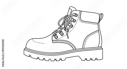 Detailed line art drawing of a heavy-duty work boot with laces and a thick treaded sole isolated on a white background for equipment.