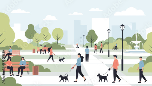 People enjoying leisure activities in a vibrant urban park on a sunny day.