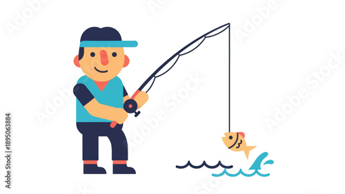 Happy fisherman catches a fish with a rod and reel in flat vector style.