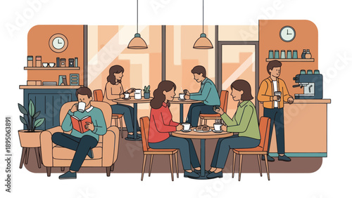 Diverse people enjoying coffee and conversations in a cozy cafe.