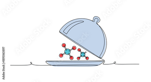 Concept illustration showing two molecules on a silver cloche serving plate drawn with a single continuous line for science themes.