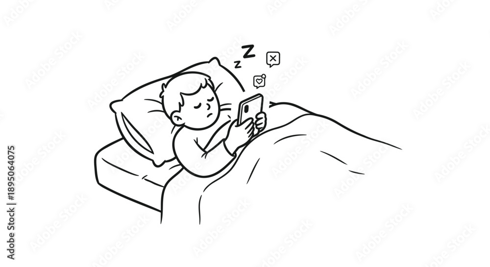Obraz premium Child lying in bed sleeping while using a smartphone at night