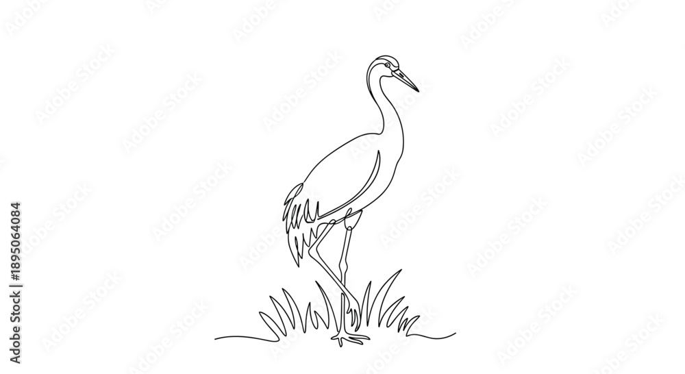 Naklejka premium Elegant continuous line drawing of a tall crane bird standing gracefully in a patch of long grass on a white base for bird lovers art.