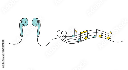 Creative continuous line drawing of a pair of earphones connected to a flowing staff of colorful music notes for audio lovers art.