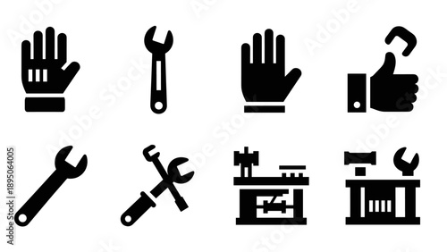 Silhouette icons: tools, hands, and repair symbols for modern print and digital design