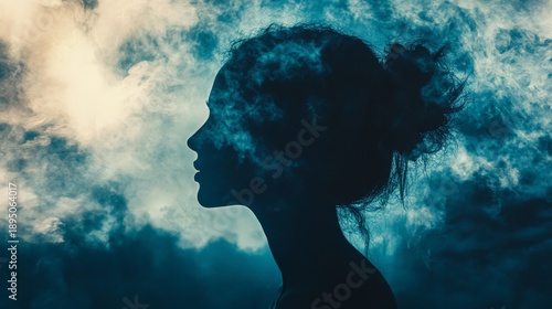 A silhouette of a woman's profile with her hair flowing, obscured by a blue and white cloud-like background.