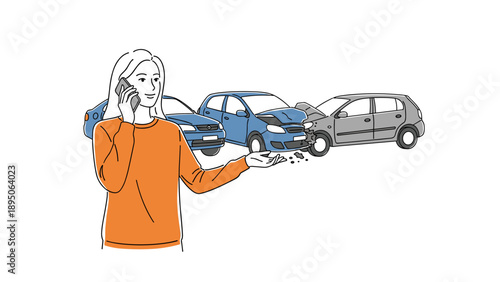 Linear style car accident scene with concerned woman on phone