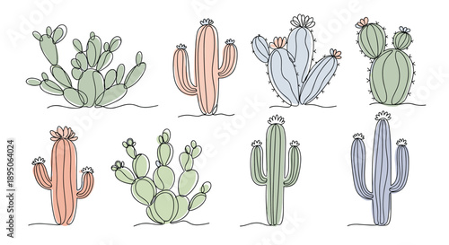 Diverse set of stylized cactus plants with flowers in various shapes and soft pastel colors in a line art style for botanical design.