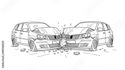 Line art of two cars colliding in a dramatic scene with exploding impact