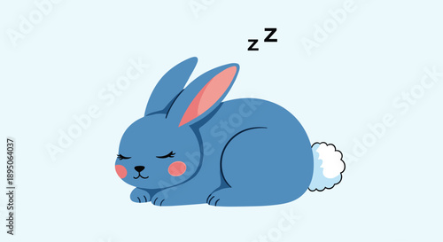 Cute blue bunny rabbit sleeping peacefully with its eyes closed and pink cheeks on a light blue background with zzz for kids stories.