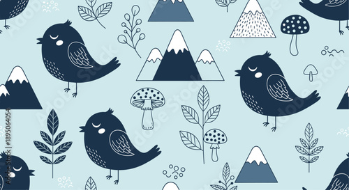 Whimsical seamless pattern featuring dark blue birds mountains pine trees and spotted mushrooms on a light blue background for textiles.