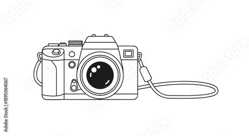 Detailed line art illustration of a modern digital camera with a lens and strap isolated on a clean white background for photography.