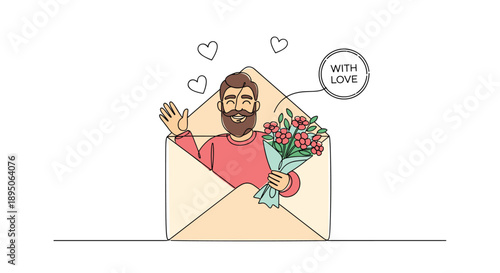 Creative continuous line drawing of a smiling bearded man emerging from an envelope holding a bouquet of flowers for romantic greeting.