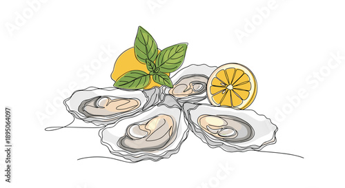 Oysters served with lemon slices and fresh basil leaves in a single continuous line drawing style with soft color fills.