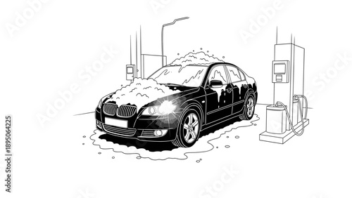 Modern car in a washing station with suds in outline style illustration