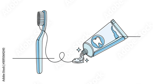 Oral hygiene concept showing a toothbrush and a tube of toothpaste with a small squeeze of paste in a blue line art style.