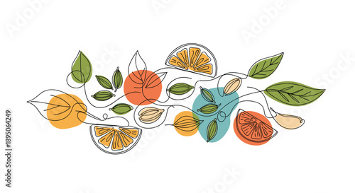 Abstract composition of orange slices and spice pods connected by a single continuous line for culinary and wellness themes.