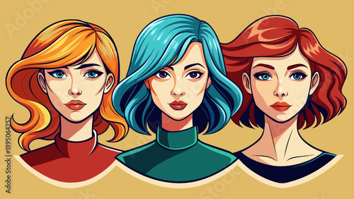Very beautiful clean illustration set featuring three distinct female hairstyles including wavy, straight, and bob cut, designed with simplicity and balance for modern beauty, fashion, and design conc