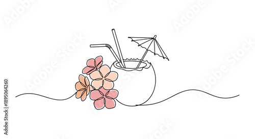 Tropical coconut cocktail with flowers, a straw, and a small umbrella in a continuous line art style for summer vacation vibes.