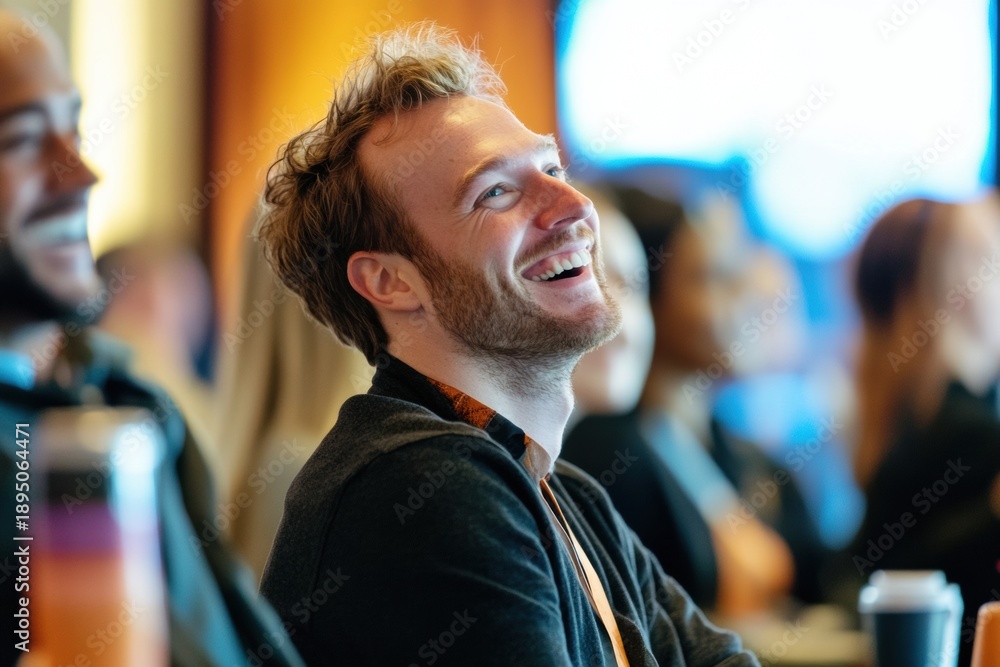 Fototapeta premium Genuine Connection: Attendee Laughing at Remote Speaker's Joke on Big Screen, Emotional Engagement at Conference