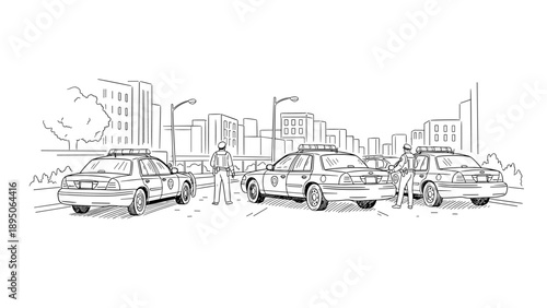 Urban law enforcement: police cars and officers in line art cityscape