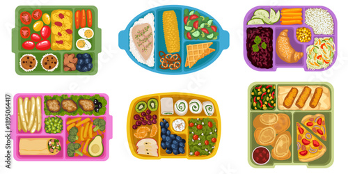 School lunchbox. Plastic tray food. Top view meal. Breakfast dinner dishes. Lunch containers, healthy nutrition. Open plate organized serving. Menu isolated elements. cartoon flat illustration