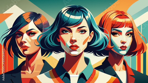 Very beautiful clean illustration set featuring three distinct female hairstyles including wavy, straight, and bob cut, designed with simplicity and balance for modern beauty, fashion, and design conc