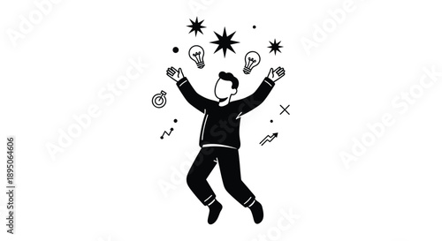 Man celebrating with light bulb ideas and stars around him in air