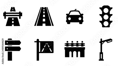Minimalist roadway icons: traffic signals, vehicles, and infrastructure symbols