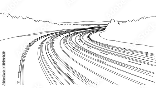 Minimalist linear highway scene with forest and overpass in outline style