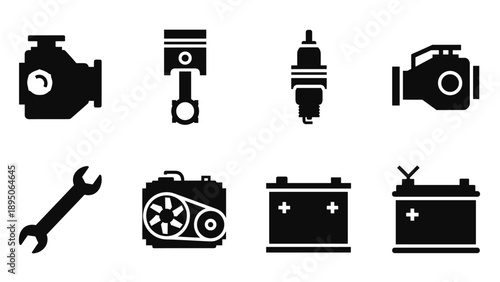 Minimalist silhouette icons of car engine parts and tools
