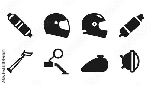 Racing gear and equipment icons set in black silhouette style