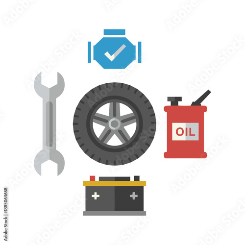 Car Maintenance Items Clean Alignment Flat Industrial Square Layout