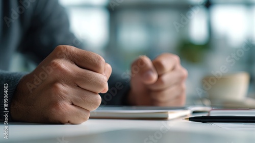 Stressed man clenching fists at work desk empty notes present office environment close-up view emotional struggle