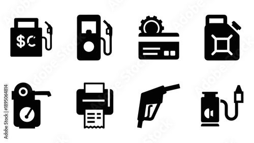 Essential fuel and payment icon set in black silhouette style