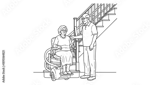 Elderly woman on stair lift with caring man standing by in line art style