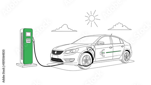 Eco-friendly electric car charging at station on a sunny day